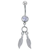 Bellypiercing Surgical Steel 316L Rhodium plated brass Crystal Feather