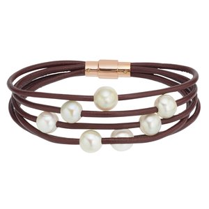 Bracelet Stainless Steel PVD-coating (gold color) Fresh water pearl Leather